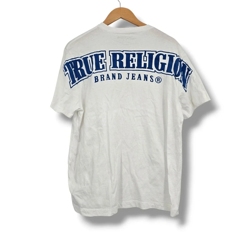 True Religion Mens Relaxed Fit White Graphic T-Shirt Navy Horseshoe Logo Small